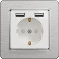Sedna outlet with double USB charger (white insert, brushed aluminium frame)